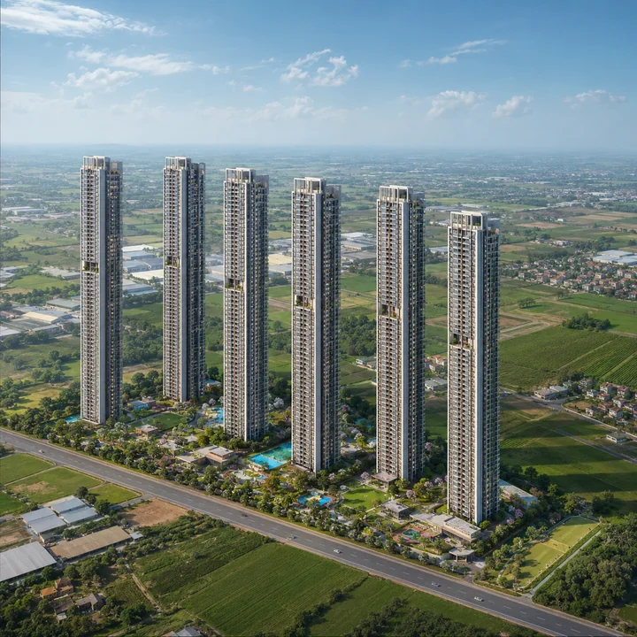 Embassy Millennium indicative aerial view of six slender residential towers on the 18.60-acre parcel at Bodanahosahalli, Anugondanahalli Hobli, Hoskote Taluk, East Bengaluru
