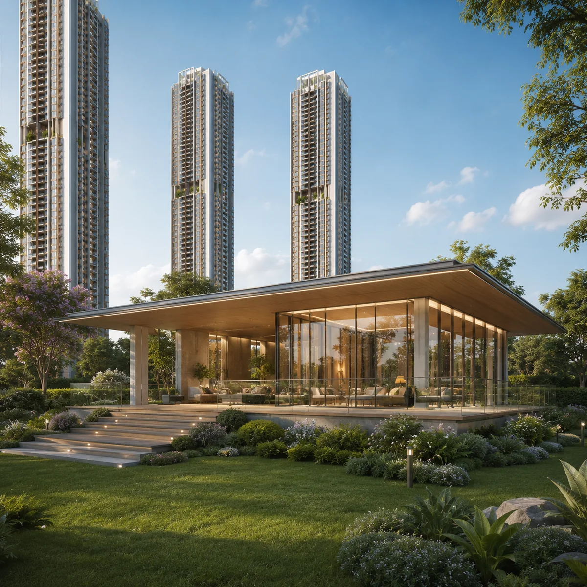 Embassy Millennium indicative clubhouse, a separate ground-floor structure with a cantilevered roof set on landscaped ground