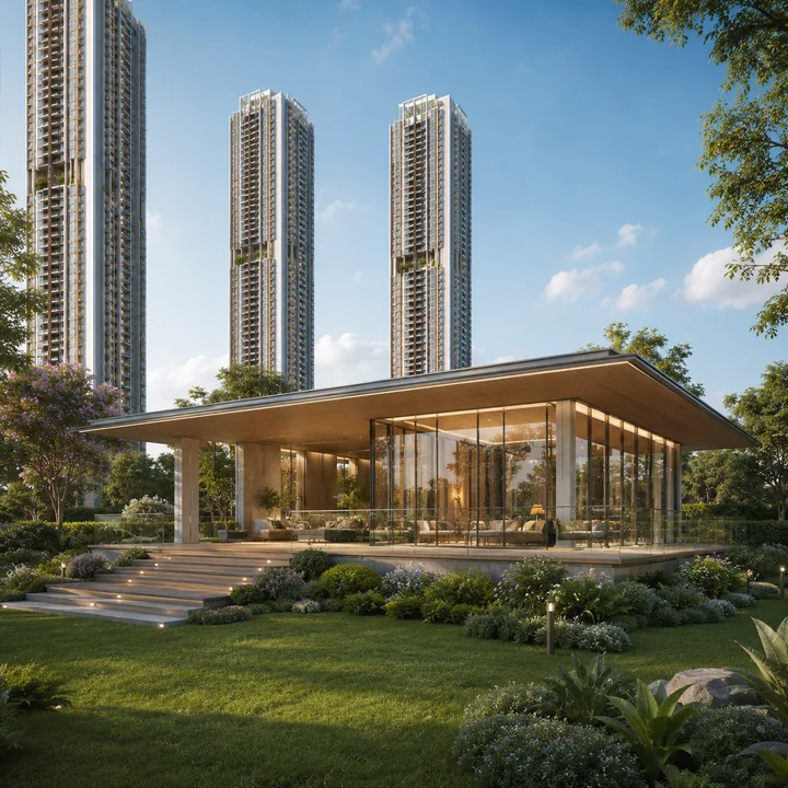 Embassy Millennium indicative clubhouse, a separate ground-floor structure with a cantilevered roof set on landscaped ground