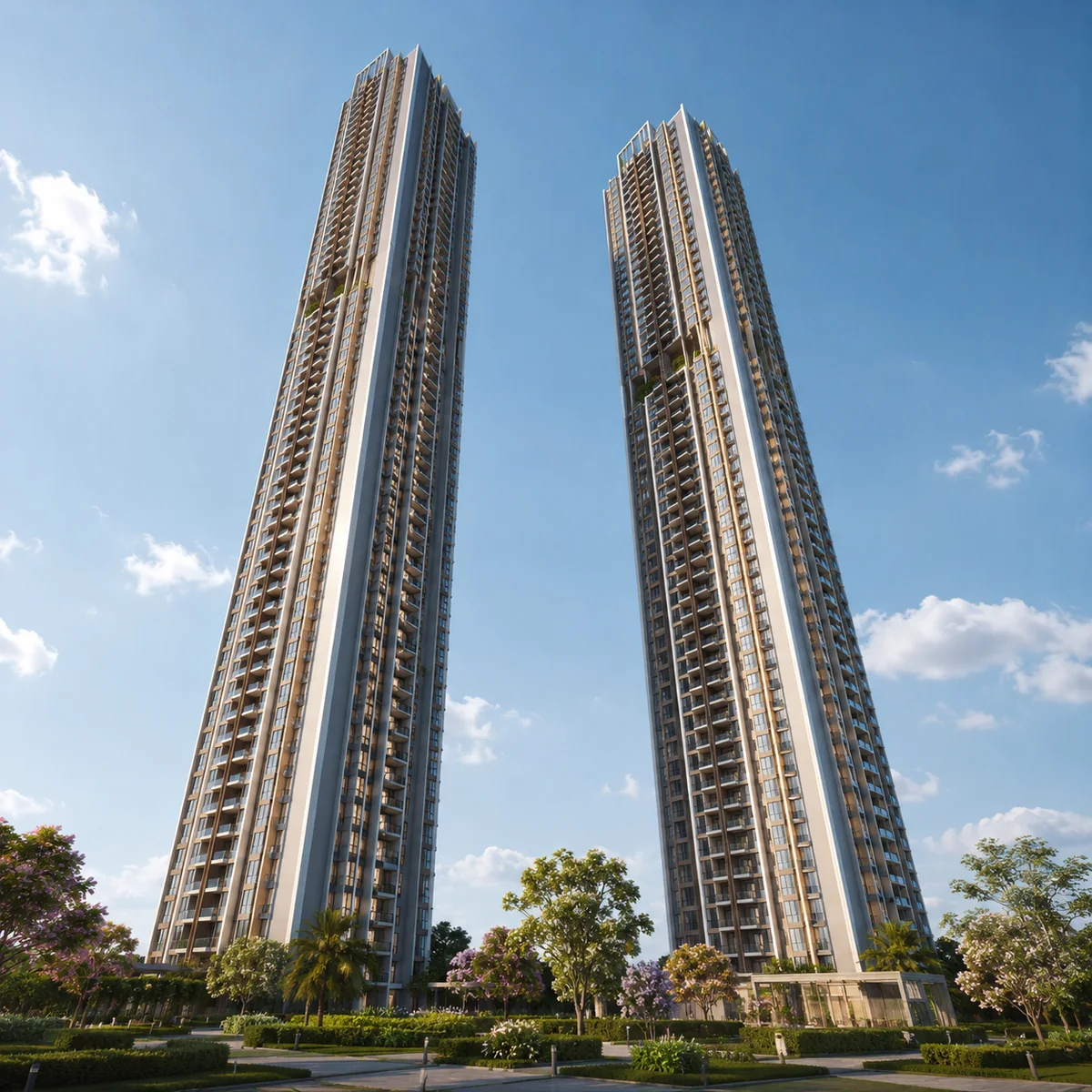 Embassy Millennium indicative tower elevation, slender high-rise blocks of three basements plus ground plus 45 upper floors reaching 142.7 metres