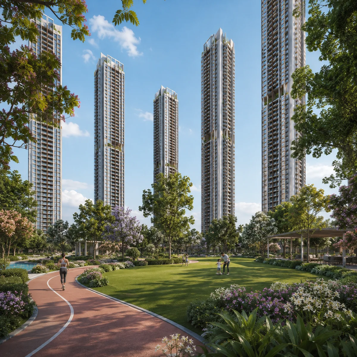 Embassy Millennium indicative landscaped garden court with a jogging loop and lawn across the open ground between the six towers Embassy Millennium indicative landscaped garden court with a jogging loop and lawn across the open ground between the six towers