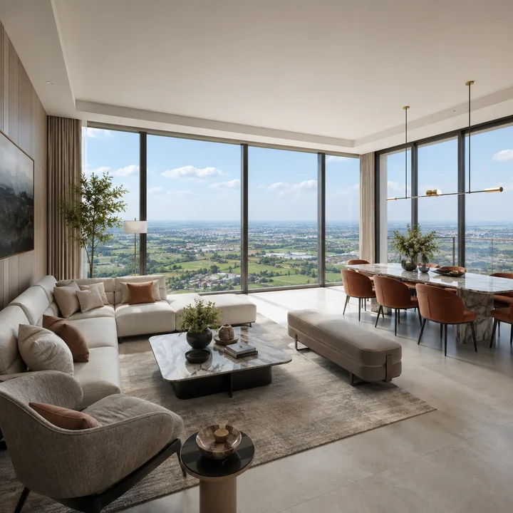 Embassy Millennium indicative apartment living and dining interior with floor-to-ceiling glazing and a high-level view over the open Hoskote landscape
