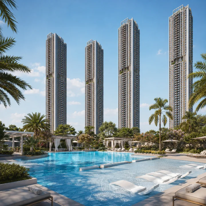 Embassy Millennium indicative outdoor swimming pool with sun deck and cabanas below the residential towers