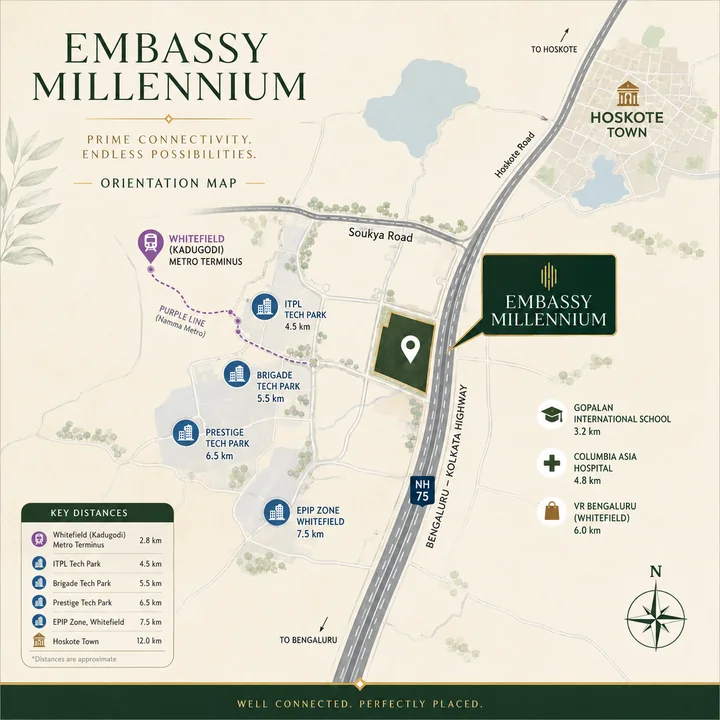 Embassy Millennium location map showing the site at Bodanahosahalli relative to Soukya Road, the Whitefield metro terminus, the eastern tech parks and Hoskote town Embassy Millennium location map showing the site at Bodanahosahalli relative to Soukya Road, the Whitefield metro terminus, the eastern tech parks and Hoskote town